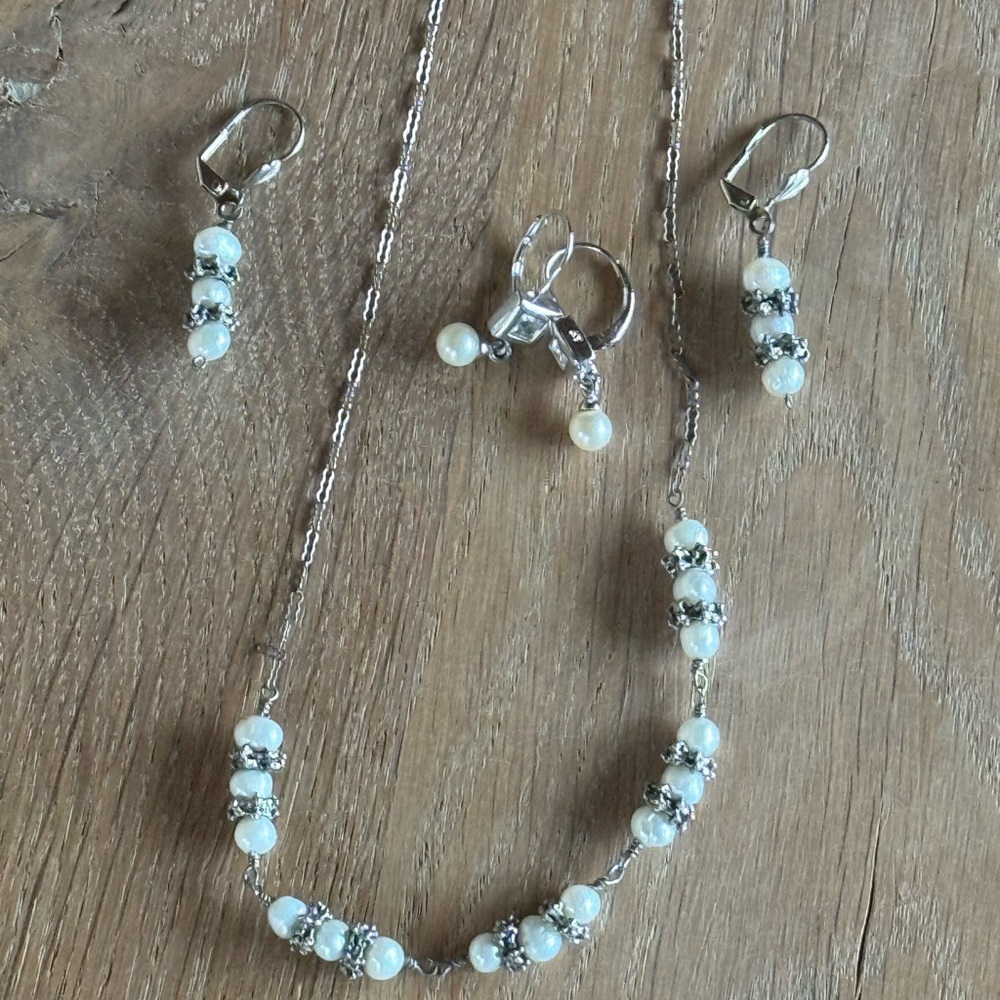 Delicate White Pearl and Silver Bead Necklace Set